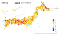 15日の最高気温平年差の分布図