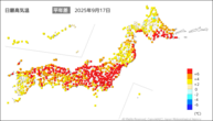 昨日の最高気温平年差の分布図