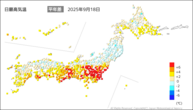 今日の最高気温平年差の分布図