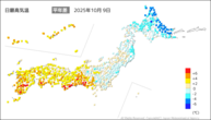 9日の最高気温平年差の分布図