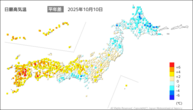 10日の最高気温平年差の分布図