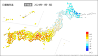 13日の最高気温平年差の分布図