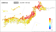 16日の最高気温平年差の分布図