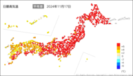 17日の最高気温平年差の分布図