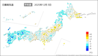 3日の最高気温平年差の分布図