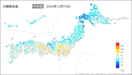 16日の最高気温平年差の分布図