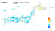 19日の最高気温平年差の分布図