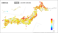 29日の最高気温平年差の分布図