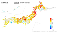 19日の最高気温前日差の分布図