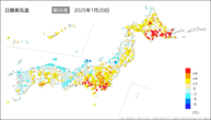 20日の最高気温前日差の分布図