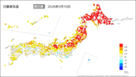 9日の最高気温前日差の分布図