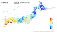 31日の最高気温前日差の分布図
