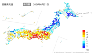 21日の最高気温前日差の分布図
