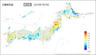 8日の最高気温前日差の分布図