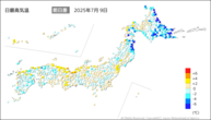 9日の最高気温前日差の分布図