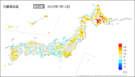 12日の最高気温前日差の分布図