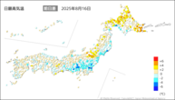 16日の最高気温前日差の分布図