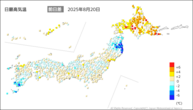 20日の最高気温前日差の分布図