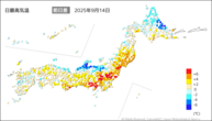 14日の最高気温前日差の分布図