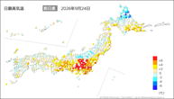 24日の最高気温前日差の分布図