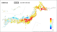 8日の最高気温前日差の分布図
