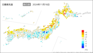 16日の最高気温前日差の分布図