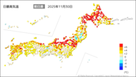 30日の最高気温前日差の分布図