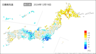 19日の最高気温前日差の分布図