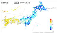 27日の最高気温前日差の分布図