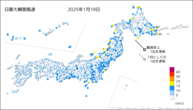 18日の最大瞬間風速の分布図