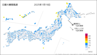 19日の最大瞬間風速の分布図