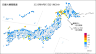 今日の最大瞬間風速の分布図