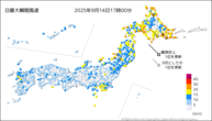今日の最大瞬間風速の分布図