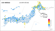 7日の最大瞬間風速の分布図