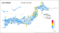 16日の最大瞬間風速の分布図