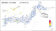 2日の最大風速（10分平均値）の分布図
