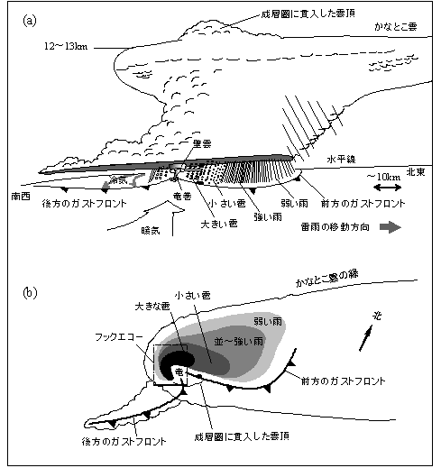 竜巻発生時におけるスーパーセル雷雨の模式図
