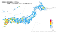 期間最大瞬間風速の年平年比の分布図