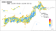 期間最大瞬間風速の分布図