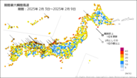 期間最大瞬間風速の分布図