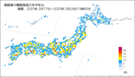 期間最大瞬間風速の年平年比の分布図