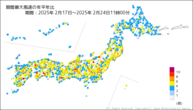 期間最大風速の年平年比の分布図