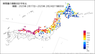 降雪量の期間合計平年比の分布図