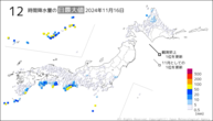 16日の12時間降水量の日最大値の分布図