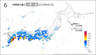 4日の6時間降水量の日最大値の分布図
