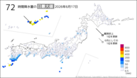 一昨日の72時間降水量の日最大値の分布図