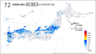 昨日の72時間降水量の日最大値の分布図