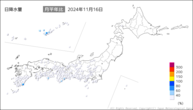 16日の日降水量の分布図