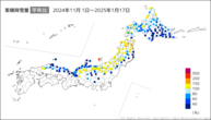 累積降雪量平年比の分布図