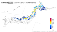 累積降雪量平年比の分布図